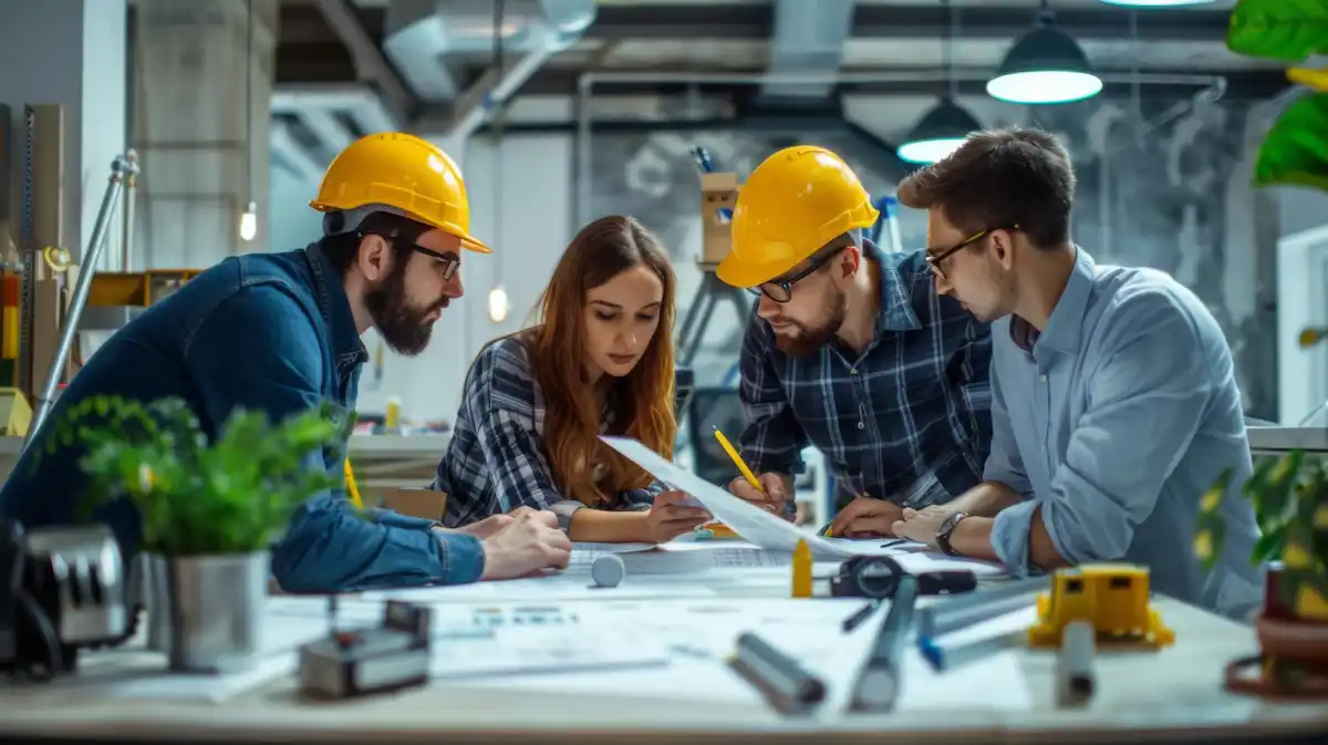 A team of power plant engineers and designers wearing yellow hardhats reviewing technical schematic blueprints on an office desk.