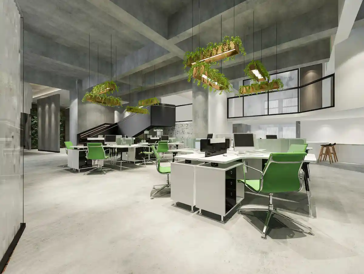 Modern 1500 sq ft engineering office interior with ten professional workstations and premium infrastructure.