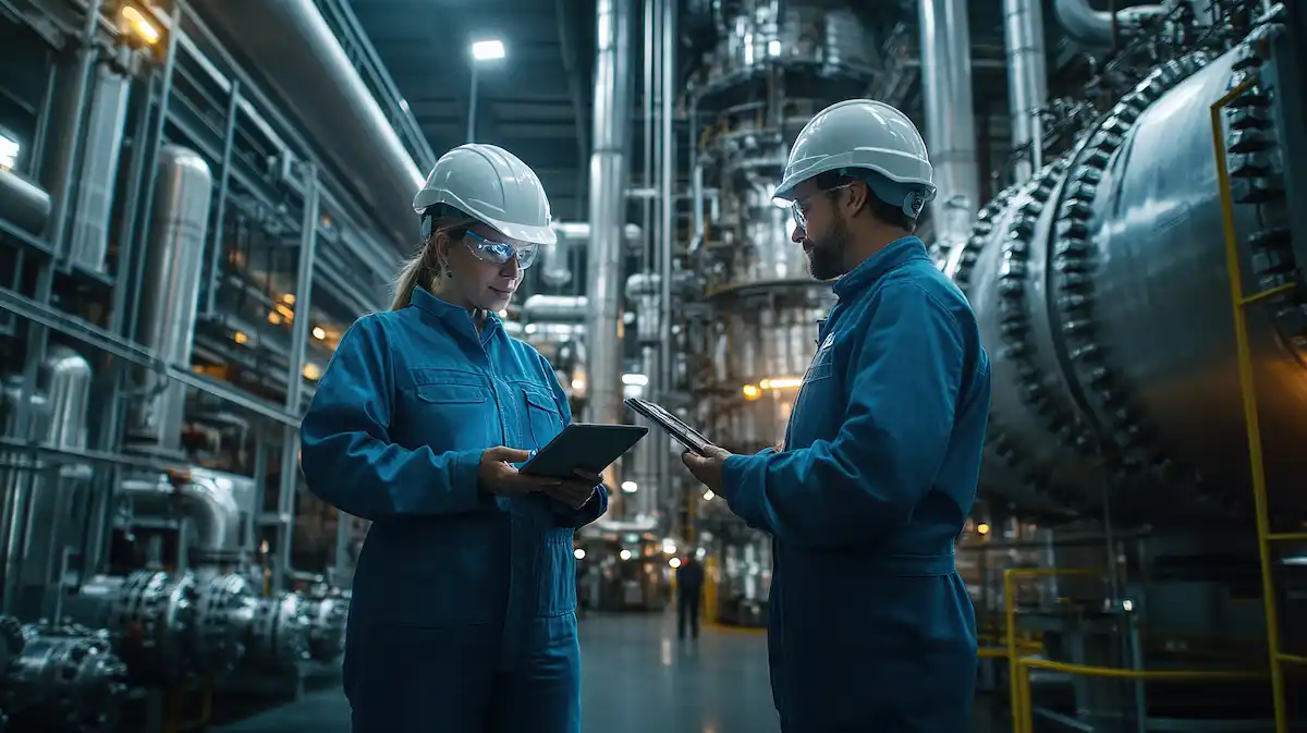 Two power plant engineers wearing hardhats and safety gear inspecting an industrial plant layout with a digital tablet.