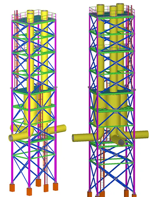 3D CAD design engineering schematic model of industrial chimney supporting structural steel columns.
