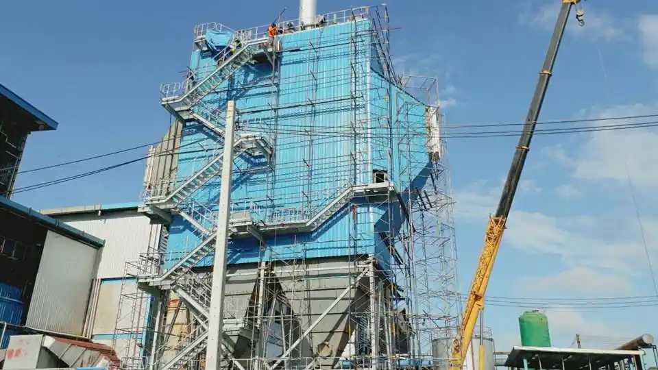 Installation of industrial electro static precipitator system with scaffolding at Thai Tallow and Oil facility in Thailand.