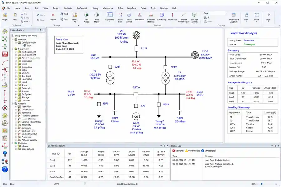 ETAP software workspace displaying single line diagrams and power system studies for industrial plants.