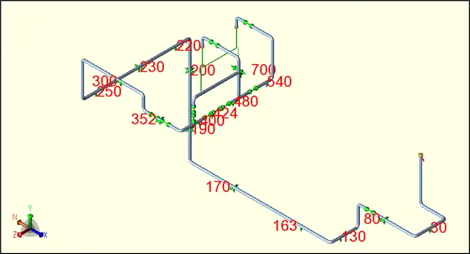 3D piping layout model displaying isometric drawings and pressure drop calculations for power plant projects.