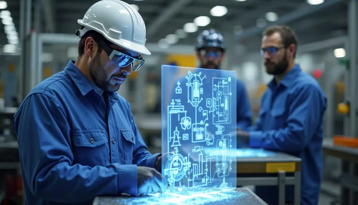 Mechanical engineer analyzing a futuristic digital 3D schematic diagram overlay inside a power plant.