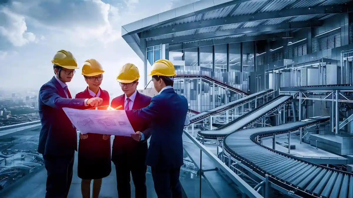 Industrial project engineers conducting an outdoor site assessment at a modern boiler plant facility